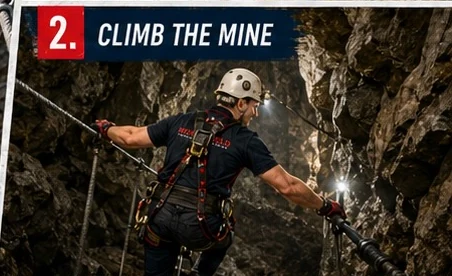 A distant rear-view illustration of the Climb the Mine challenge